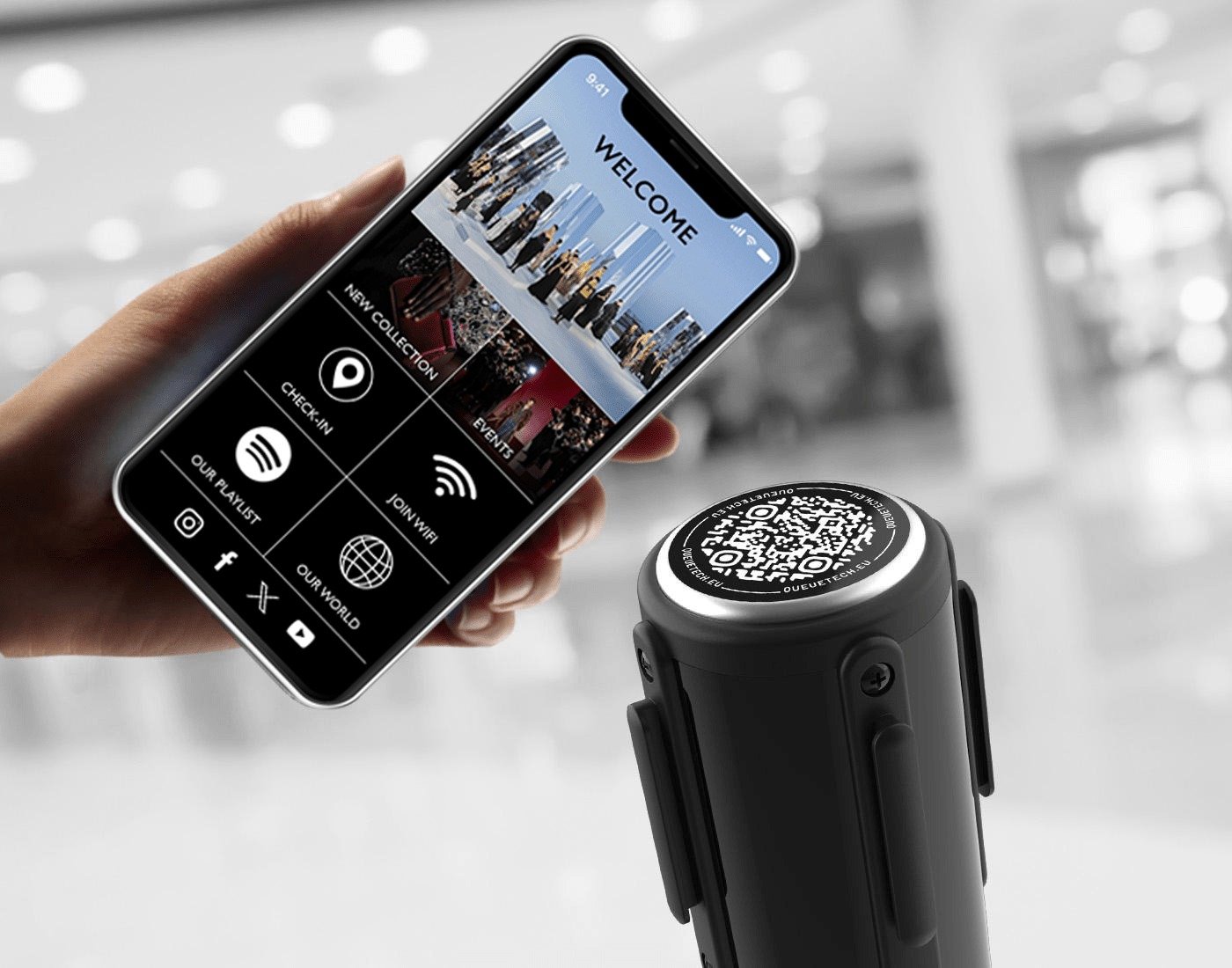 Visuel d’une file d’attente optimisée avec bornes connectées FIleTech